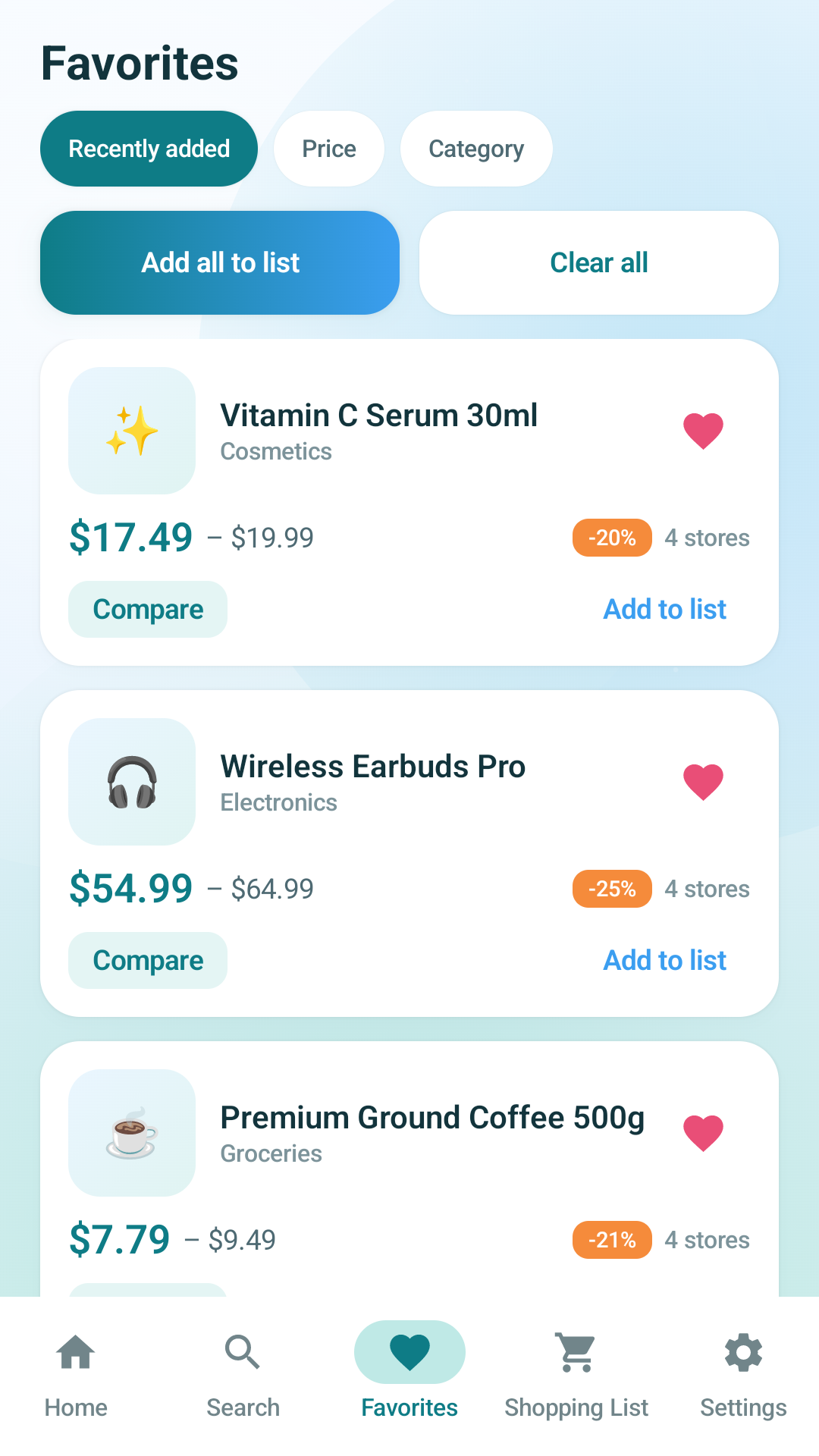 White Shopper favorites screen