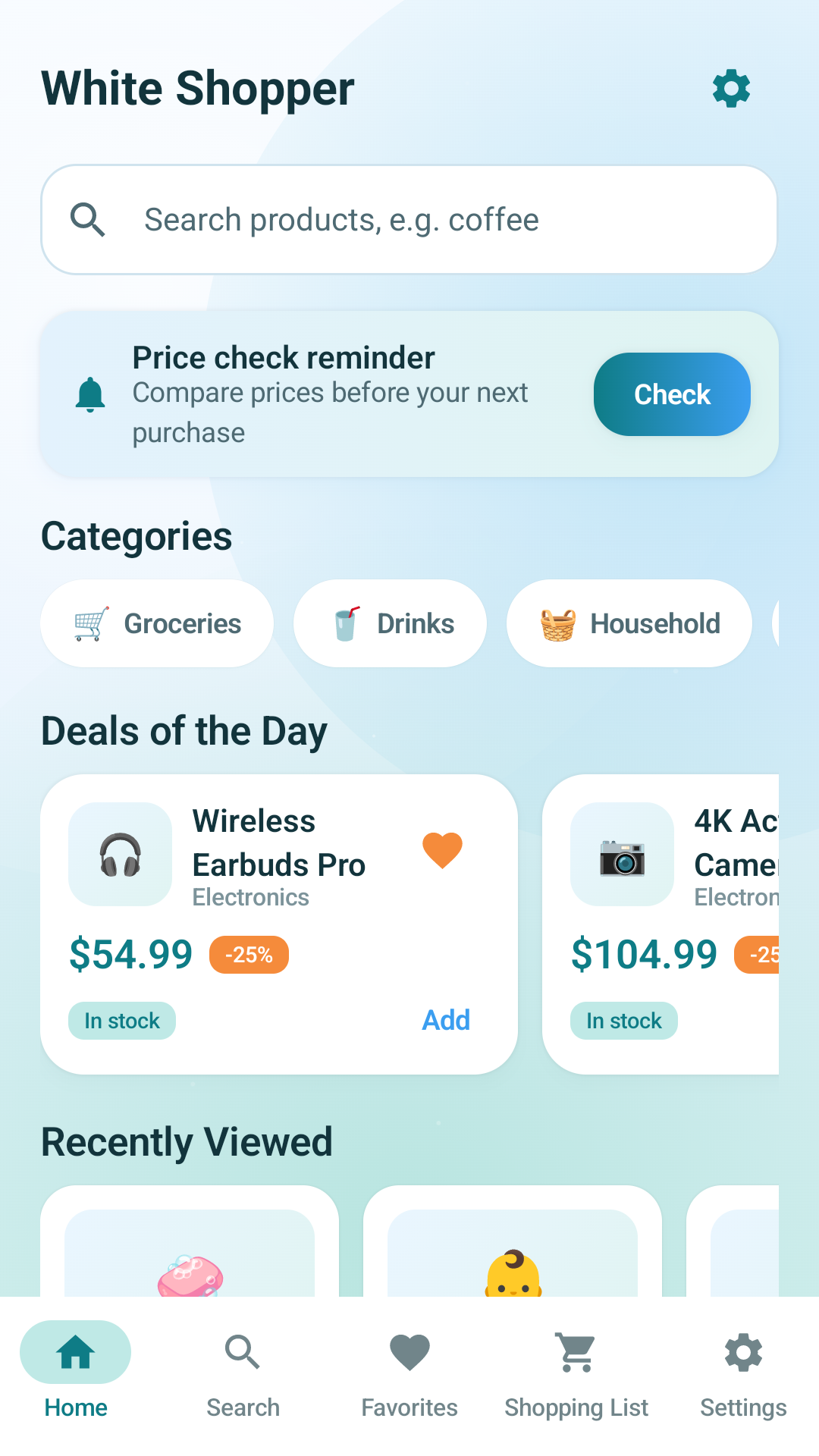 White Shopper home screen